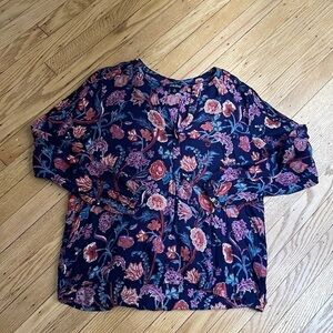 Lucky Brand Floral Long Sleeve Henley Blouse Medium Boho